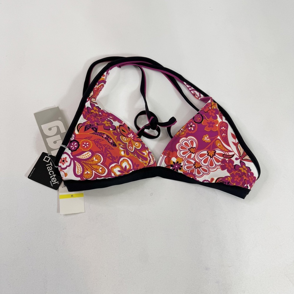 JAG Bikini Top Womens Medium Pink Orange Floral Triangle Halter Swimwear Beach